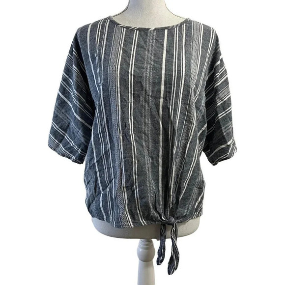 Time and Tru Tops - Time and Tru Striped Blouse Front Knotted Hem Small Linen Blend Blue White Top
